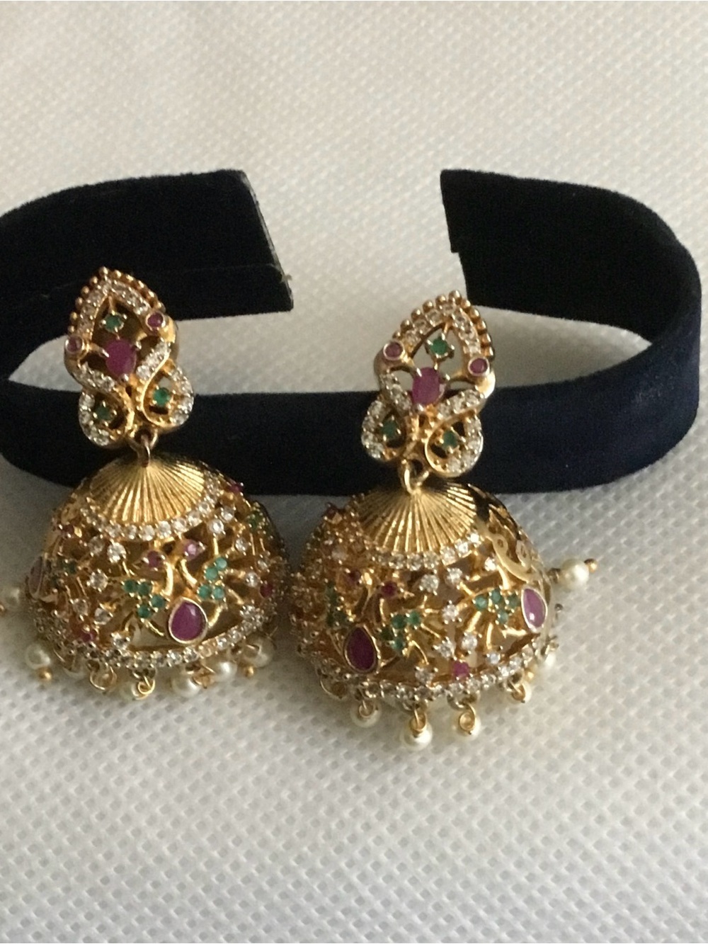 Gold-Tone Jhumka Earrings with Pink and Green Stones